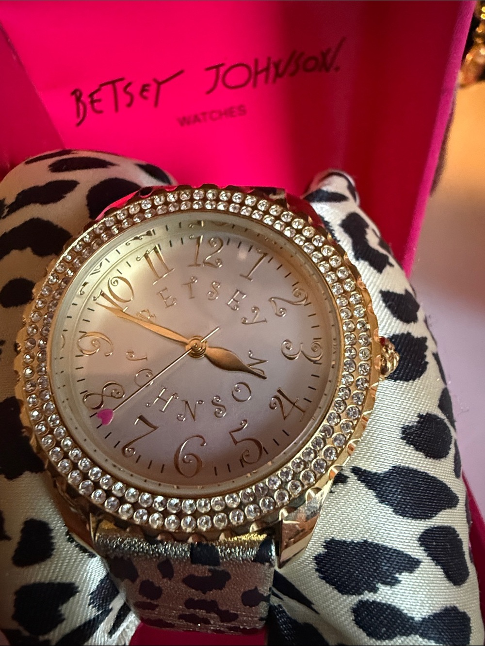 Betsey Johnson Gold Crystal Bezel Watch with Leopard Strap